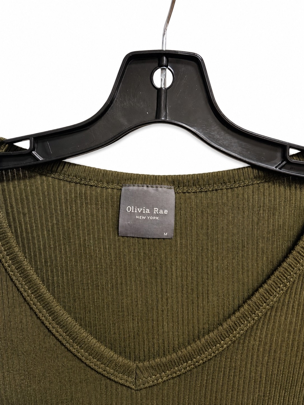 Olivia Rae Olive Green Ribbed V-Neck Long Sleeve Top Medium - Picture 3 of 4